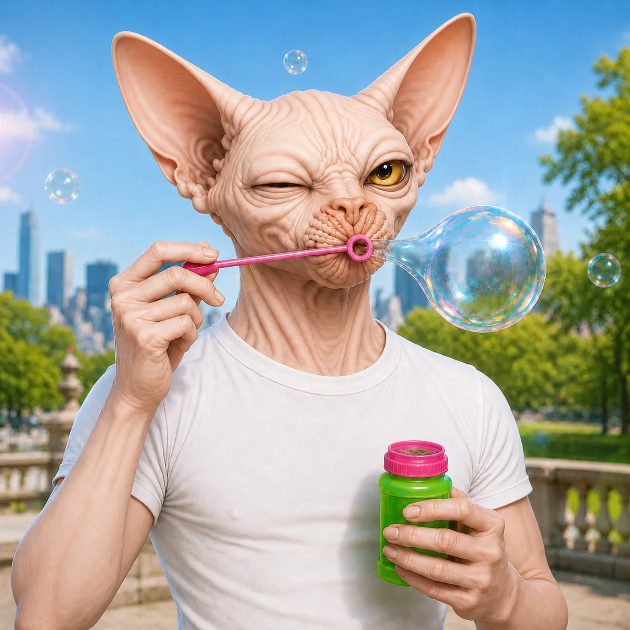 Spynxter blowing bubbles in the park