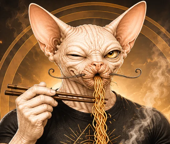 Spynxter slurping ramen through his moustache