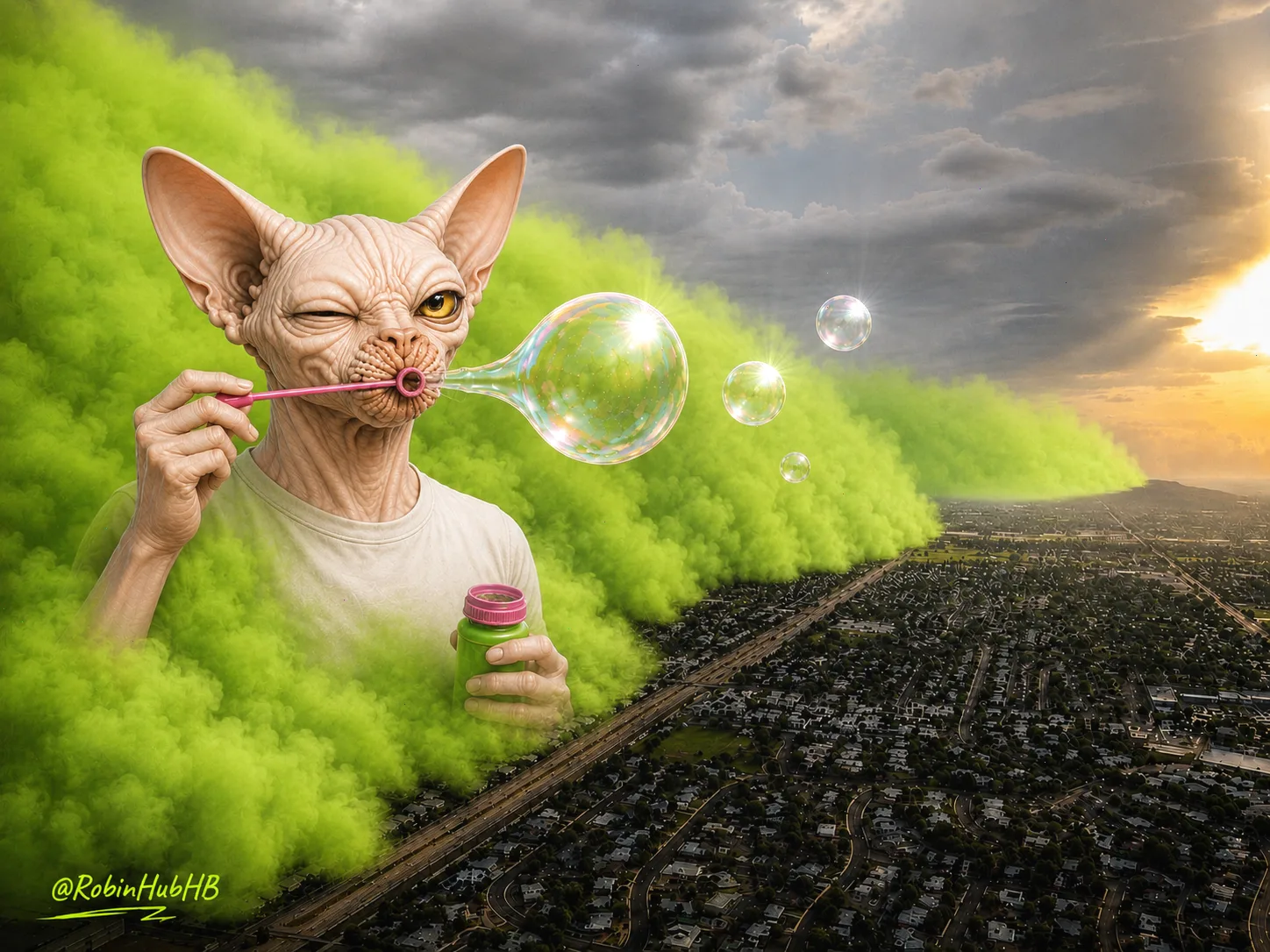 Spynxter blowing bubbles ahead of the green Robinhood season wall
